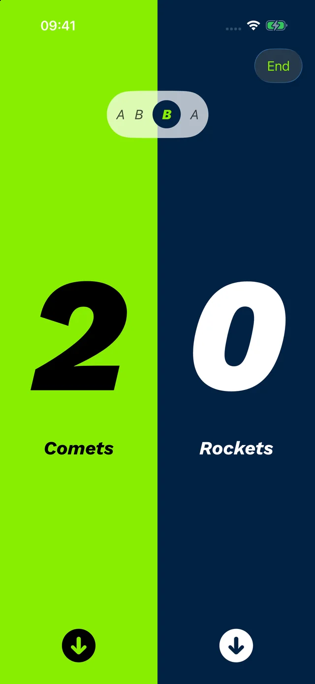 Huck scoreboard with the active mixed set highlighted