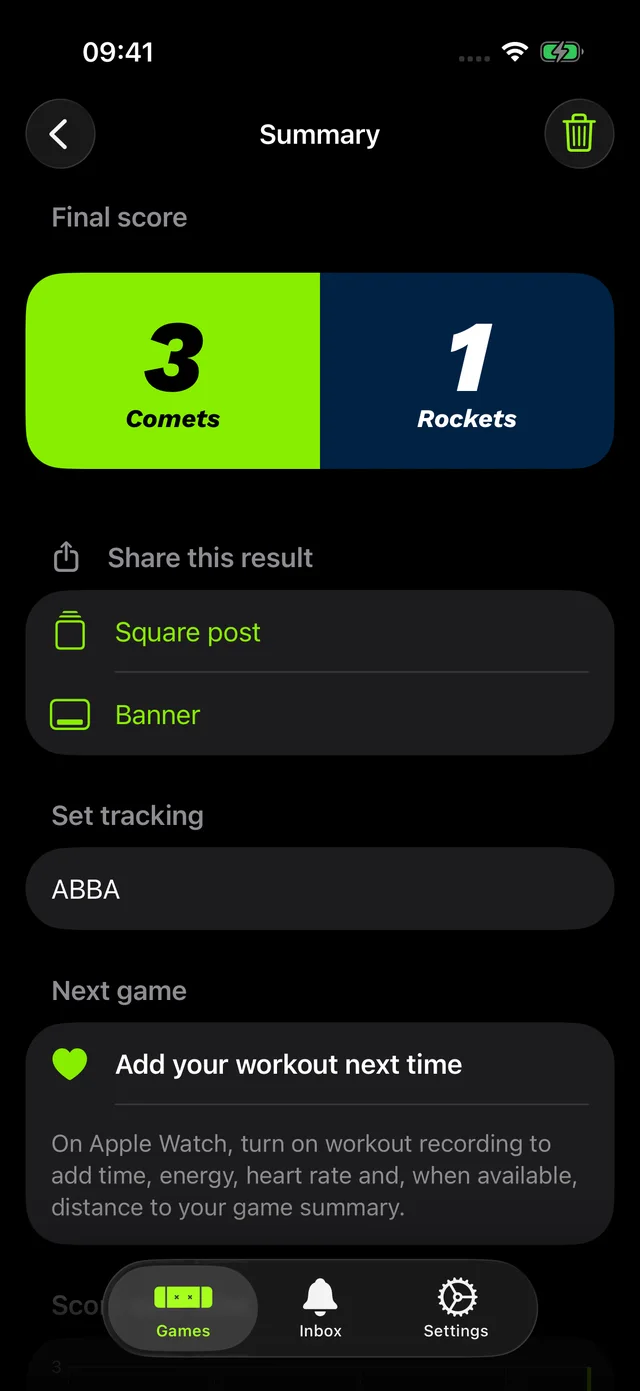 Huck game summary with final score and share options