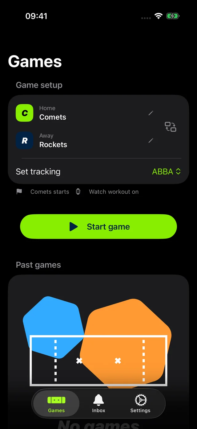 Huck game setup with teams and set tracking